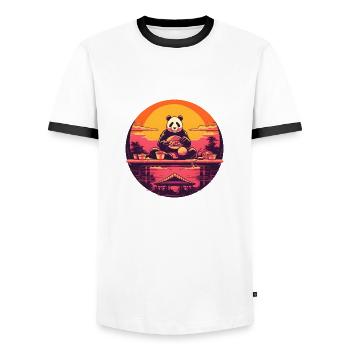 Synthwave eating Panda Japan Sunset - Men's Ringer Shirt - white/black - Front - AI Model Female 172 light (172cm) & AI Model Male 178 dark (178cm)