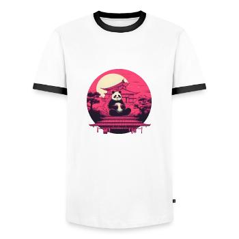 Synthwave eating Panda Japan Sunset - Men's Ringer Shirt - white/black - Front - AI Model Female 172 light (172cm) & AI Model Male 178 dark (178cm)