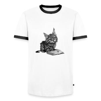Cat Books Hangover Book Kitten Reading Maine Coon - Men's Ringer Shirt - white/black - Front - AI Model Female 172 light (172cm) & AI Model Male 178 dark (178cm)