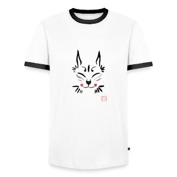 Kitsune Maske - Männer Kontrast-T-Shirt - Weiß/Schwarz - Vorne - AI Model Female 172 light (172cm) & AI Model Male 178 dark (178cm)