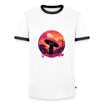 Synthwave japan Cat with umbrella - Männer Kontrast-T-Shirt - Weiß/Schwarz - Vorne - AI Model Female 172 light (172cm) & AI Model Male 178 dark (178cm)