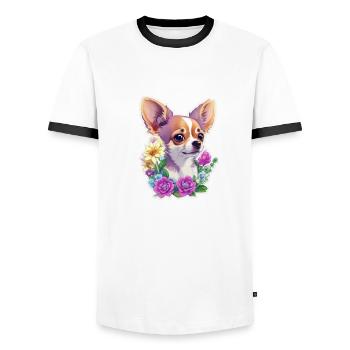 Chihuahua pastel avec fleurs - T-shirt contrasté Homme - blanc/noir - Devant - AI Model Female 172 light (172cm) & AI Model Male 178 dark (178cm)