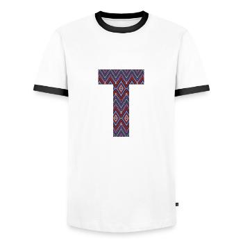 Monogram Letter T- geometric pattern - Men's Ringer Shirt - white/black - Front - AI Model Female 172 light (172cm) & AI Model Male 178 dark (178cm)