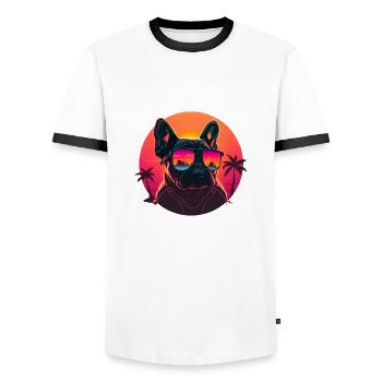 Synthwave french bulldog Sunset - Men's Ringer Shirt - white/black - Front - AI Model Female 172 light (172cm) & AI Model Male 178 dark (178cm)