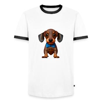 Chiens teckels avec nœud papillon Teckel Chiot Chien - T-shirt contrasté Homme - blanc/noir - Devant - AI Model Female 172 light (172cm) & AI Model Male 178 dark (178cm)