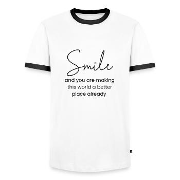 Smile and make the world a little better - Men's Ringer Shirt - white/black - Front - AI Model Female 172 light (172cm) & AI Model Male 178 dark (178cm)