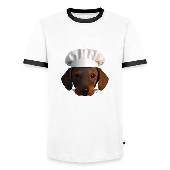 Restaurateur, dog, dachshund puppy, dachshund, cooking dogs - Men's Ringer Shirt - white/black - Front - AI Model Female 172 light (172cm) & AI Model Male 178 dark (178cm)