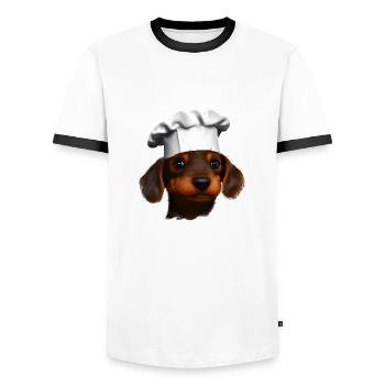 Dachshund, Dachshund puppy, Cooking, Restaurateur, Dog, Dogs - Men's Ringer Shirt - white/black - Front - AI Model Female 172 light (172cm) & AI Model Male 178 dark (178cm)