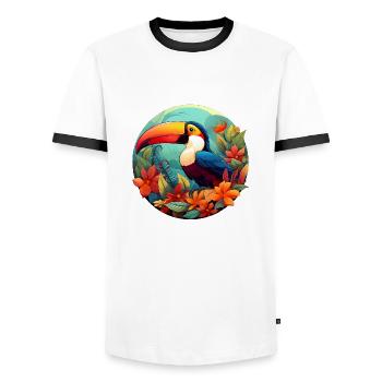 Tropical Toucan - T-shirt contrasté Homme - blanc/noir - Devant - AI Model Female 172 light (172cm) & AI Model Male 178 dark (178cm)