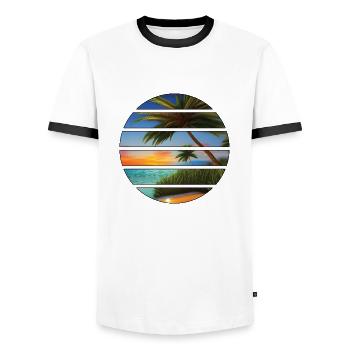 Palm Island Summer Holiday Sun Palm Beach - Men's Ringer Shirt - white/black - Front - AI Model Female 172 light (172cm) & AI Model Male 178 dark (178cm)