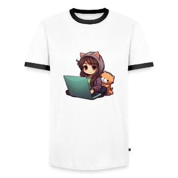 Cozy Cartoon Girl Homeage - Men's Ringer Shirt - white/black - Front - AI Model Female 172 light (172cm) & AI Model Male 178 dark (178cm)