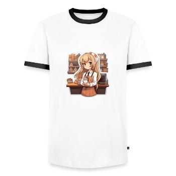 Kawaii Anime Girl Working - Men's Ringer Shirt - white/black - Front - AI Model Female 172 light (172cm) & AI Model Male 178 dark (178cm)