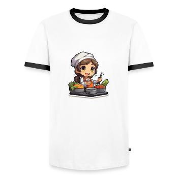 "Cute Chef: Kawaii Anime Design" - Men's Ringer Shirt - white/black - Front - AI Model Female 172 light (172cm) & AI Model Male 178 dark (178cm)