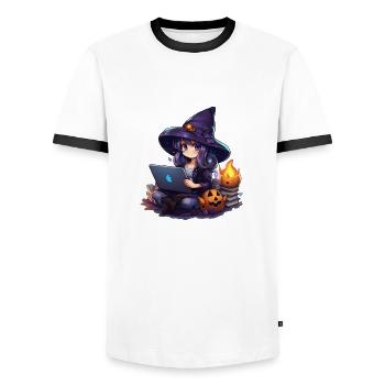 "Witchy Magic: Adorable Cartoon Craving" - Men's Ringer Shirt - white/black - Front - AI Model Female 172 light (172cm) & AI Model Male 178 dark (178cm)