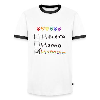 Equality - Men's Ringer Shirt - white/black - Front - AI Model Female 172 light (172cm) & AI Model Male 178 dark (178cm)