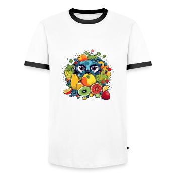 Hibi la chouette dans les fruits - T-shirt contrasté Homme - blanc/noir - Devant - AI Model Female 172 light (172cm) & AI Model Male 178 dark (178cm)