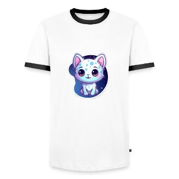 "Kitty Galaxy: Cute Cartoon Floating in Space" - Men's Ringer Shirt - white/black - Front - AI Model Female 172 light (172cm) & AI Model Male 178 dark (178cm)
