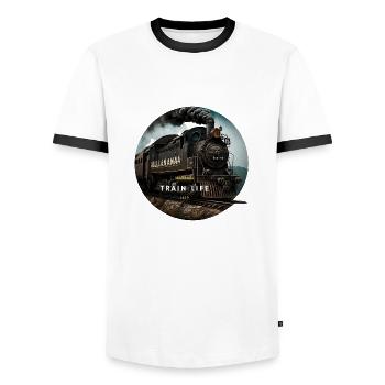 Train Life : Le train de l'histoire - T-shirt contrasté Homme - blanc/noir - Devant - AI Model Female 172 light (172cm) & AI Model Male 178 dark (178cm)