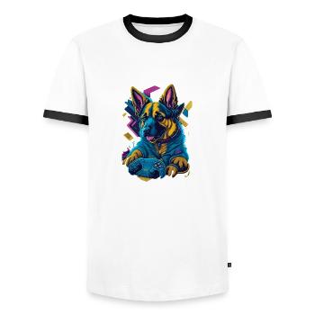 Deutscher Schäferhundwelpe spielt mit Gamecontroll - Männer Kontrast-T-Shirt - Weiß/Schwarz - Vorne - AI Model Female 172 light (172cm) & AI Model Male 178 dark (178cm)