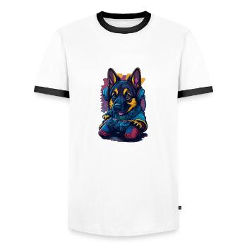 Deutscher Schäferhundwelpe spielt mit Gamecontroll - Männer Kontrast-T-Shirt - Weiß/Schwarz - Vorne - AI Model Female 172 light (172cm) & AI Model Male 178 dark (178cm)