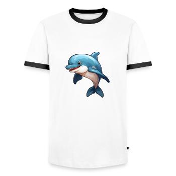 Small, cute dolphin in comic style - Men's Ringer Shirt - white/black - Front - AI Model Female 172 light (172cm) & AI Model Male 178 dark (178cm)