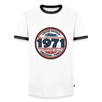 Vintage 1971 - Men's Ringer Shirt - white/black - Front - AI Model Female 172 light (172cm) & AI Model Male 178 dark (178cm)