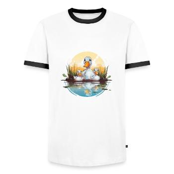 Duck family in the pond - Men's Ringer Shirt - white/black - Front - AI Model Female 172 light (172cm) & AI Model Male 178 dark (178cm)