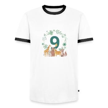 9. Jubiläum - Tiere zum neunten Jubiläum - Männer Kontrast-T-Shirt - Weiß/Schwarz - Vorne - AI Model Female 172 light (172cm) & AI Model Male 178 dark (178cm)