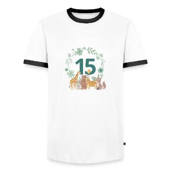 15th anniversary - animal birthday - Men's Ringer Shirt - white/black - Front - AI Model Female 172 light (172cm) & AI Model Male 178 dark (178cm)