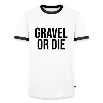 Gravel or Die Road Bike Gravel Bike - Men's Ringer Shirt - white/black - Front - AI Model Female 172 light (172cm) & AI Model Male 178 dark (178cm)