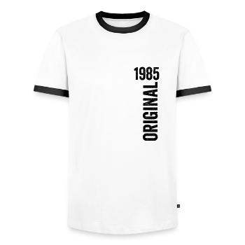 1985 Original Birthday Gift 1985 - Men's Ringer Shirt - white/black - Front - AI Model Female 172 light (172cm) & AI Model Male 178 dark (178cm)