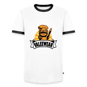 "Valeewear" - professional chef cat - Men's Ringer Shirt - white/black - Front - AI Model Female 172 light (172cm) & AI Model Male 178 dark (178cm)