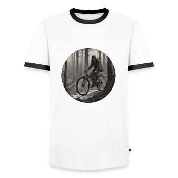 Bicycle / Bike / Cycling / Bicycle / Forest / Mountains - Men's Ringer Shirt - white/black - Front - AI Model Female 172 light (172cm) & AI Model Male 178 dark (178cm)