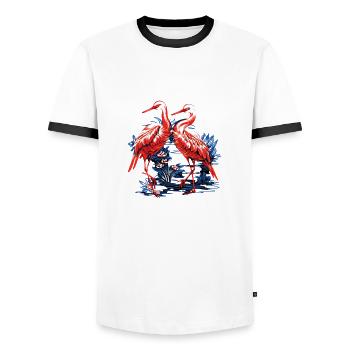 Zwei elegante japanische Kraniche - Männer Kontrast-T-Shirt - Weiß/Schwarz - Vorne - AI Model Female 172 light (172cm) & AI Model Male 178 dark (178cm)