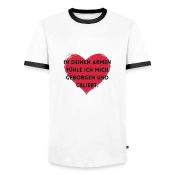 In deinen Armen fühle ich mich geborgen und gelieb - Männer Kontrast-T-Shirt - Weiß/Schwarz - Vorne - AI Model Female 172 light (172cm) & AI Model Male 178 dark (178cm)