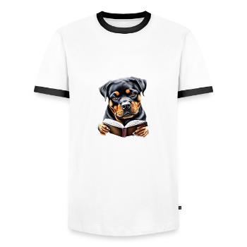 Rottweiler Buch lesen Hunde Hund Rottweilerwelpe - Männer Kontrast-T-Shirt - Weiß/Schwarz - Vorne - AI Model Female 172 light (172cm) & AI Model Male 178 dark (178cm)