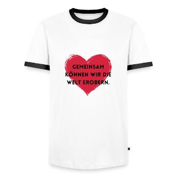 Gemeinsam können wir die Welt erobern. - Männer Kontrast-T-Shirt - Weiß/Schwarz - Vorne - AI Model Female 172 light (172cm) & AI Model Male 178 dark (178cm)