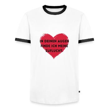 In deinen Augen finde ich meine Zuflucht. - Männer Kontrast-T-Shirt - Weiß/Schwarz - Vorne - AI Model Female 172 light (172cm) & AI Model Male 178 dark (178cm)