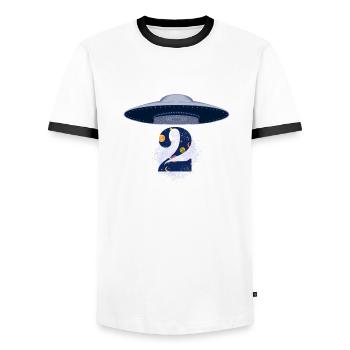 2nd Anniversary UFO Attack - Men's Ringer Shirt - white/black - Front - AI Model Female 172 light (172cm) & AI Model Male 178 dark (178cm)
