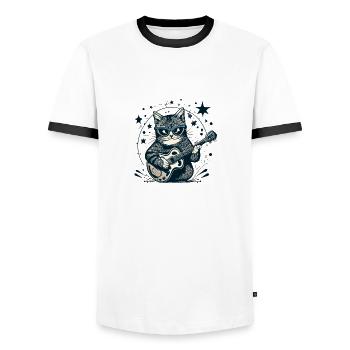 Katze Gitarre Gitarrist Musiker Geschenkidee - Männer Kontrast-T-Shirt - Weiß/Schwarz - Vorne - AI Model Female 172 light (172cm) & AI Model Male 178 dark (178cm)