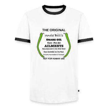 UncleBillSnakeOil - Men's Ringer Shirt - white/black - Front - AI Model Female 172 light (172cm) & AI Model Male 178 dark (178cm)