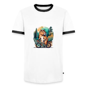 Capybara Riding A Bike - Funny Capy Animal - Viral - Men's Ringer Shirt - white/black - Front - AI Model Female 172 light (172cm) & AI Model Male 178 dark (178cm)