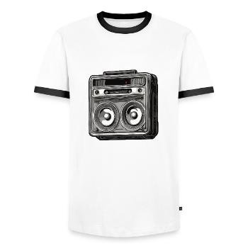 Radio / Analog / Music / Frequency / Speakers - Men's Ringer Shirt - white/black - Front - AI Model Female 172 light (172cm) & AI Model Male 178 dark (178cm)