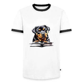 Rottweiler Dog Book Reading Rottweiler Puppy Dogs - Men's Ringer Shirt - white/black - Front - AI Model Female 172 light (172cm) & AI Model Male 178 dark (178cm)