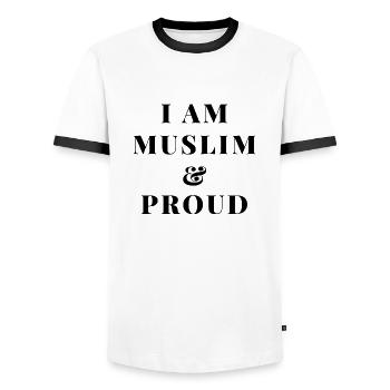 ICH BIN MUSLIM UND STOLZ - Männer Kontrast-T-Shirt - Weiß/Schwarz - Vorne - AI Model Female 172 light (172cm) & AI Model Male 178 dark (178cm)