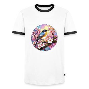 Oiseau coloré sur une branche de cerisier en fleurs - T-shirt contrasté Homme - blanc/noir - Devant - AI Model Female 172 light (172cm) & AI Model Male 178 dark (178cm)