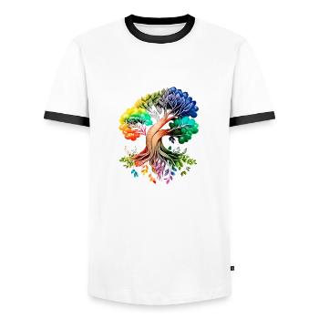 Tree of Life Yoga Tree of Life Meditation - Men's Ringer Shirt - white/black - Front - AI Model Female 172 light (172cm) & AI Model Male 178 dark (178cm)