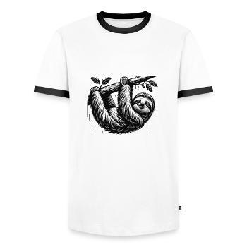 A sloth hangs from the tree - Men's Ringer Shirt - white/black - Front - AI Model Female 172 light (172cm) & AI Model Male 178 dark (178cm)
