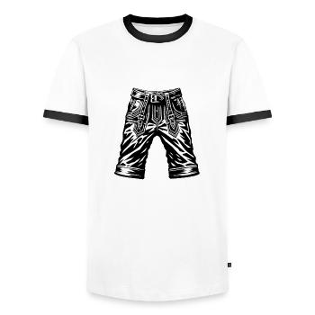 Lederhosen, pantalon traditionnel, bretelles gauche ou bretelles droites - T-shirt contrasté Homme - blanc/noir - Devant - AI Model Female 172 light (172cm) & AI Model Male 178 dark (178cm)