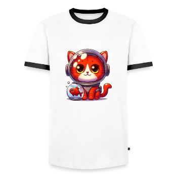 Die Astronauten Katze - Männer Kontrast-T-Shirt - Weiß/Schwarz - Vorne - AI Model Female 172 light (172cm) & AI Model Male 178 dark (178cm)